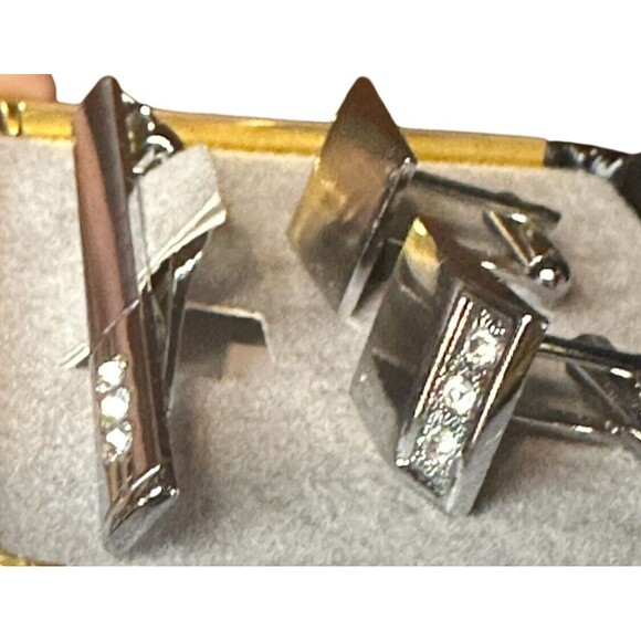 NIB Stacey Adams cufflinks Tie Clip Silver Tone Rhinestones - Picture 9 of 16